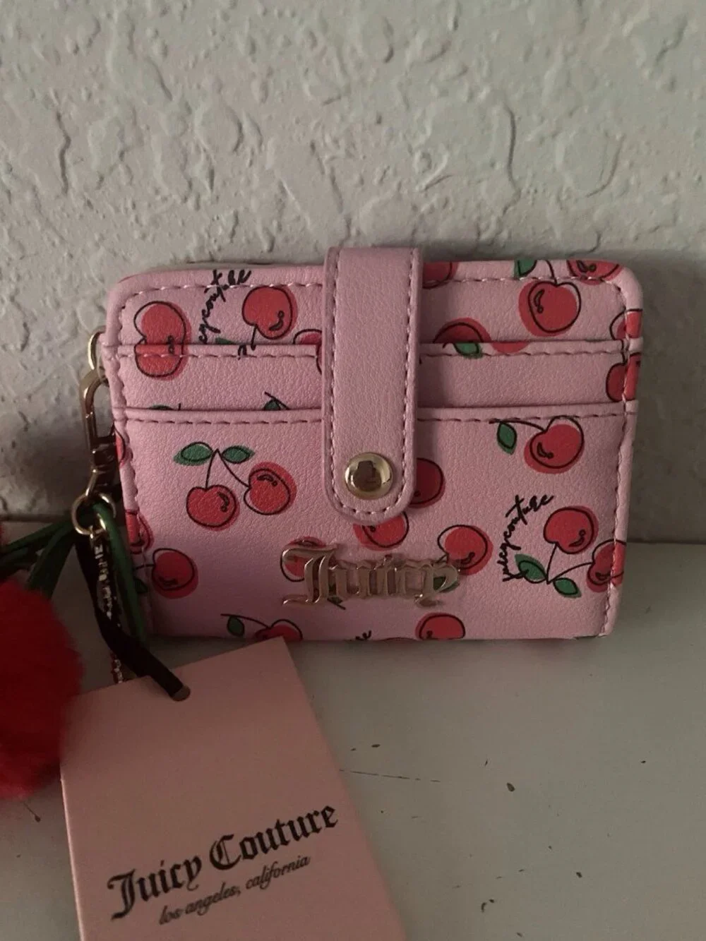 Juicy Couture Cherry Girl‎ CC Wallet W/Back Window Flamingo  W/Charm Pom Pom NEW